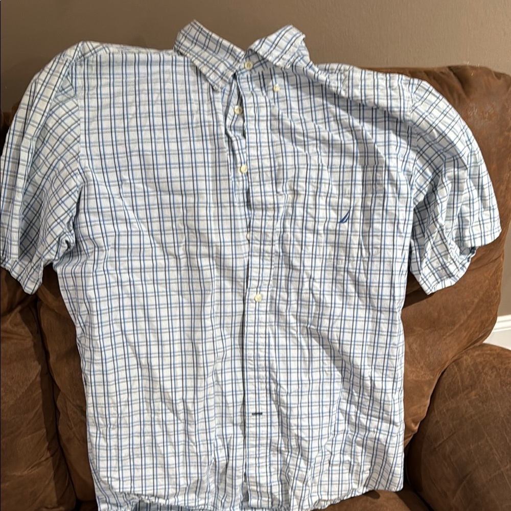 Nautica Men's White and Blue Plaid Shirt